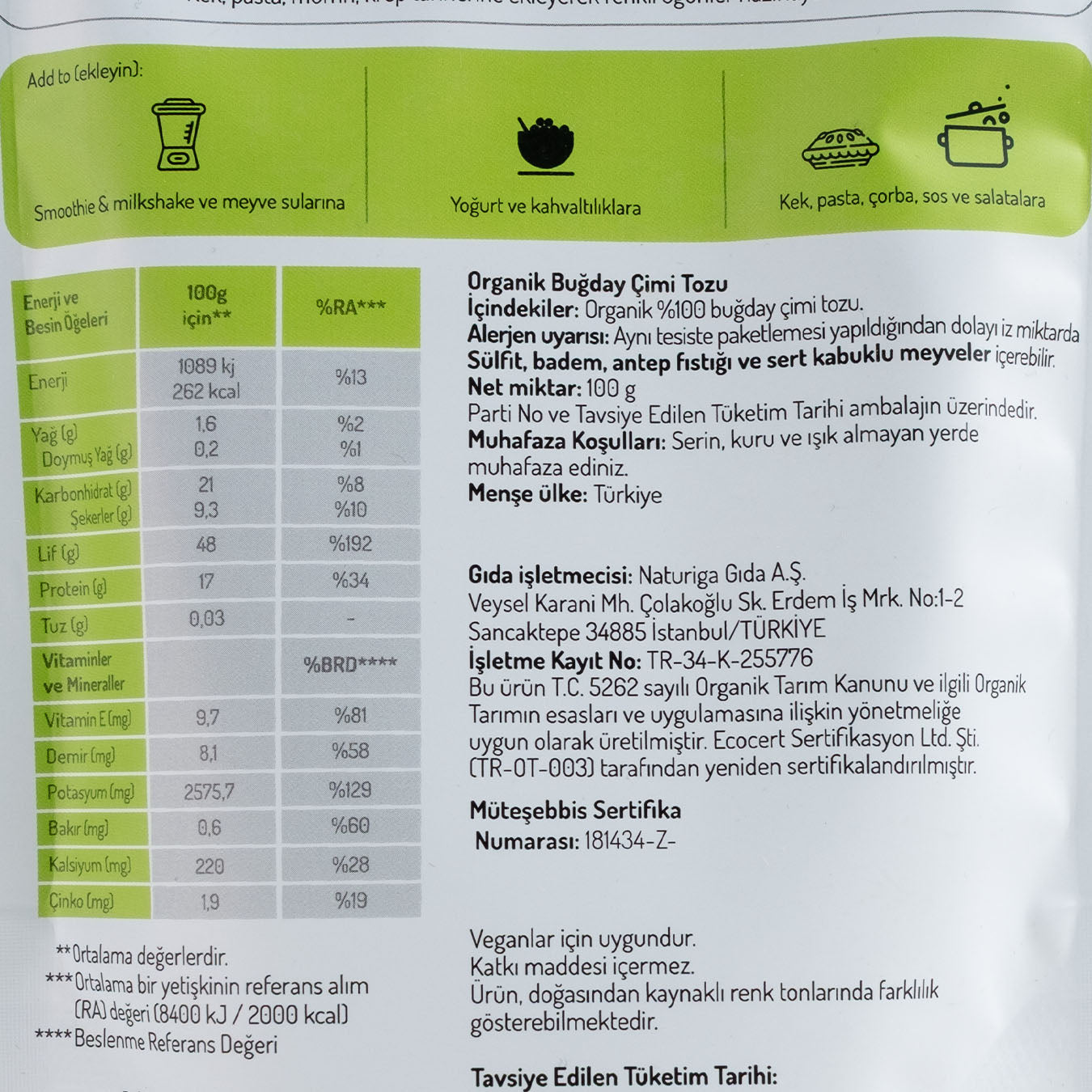 Og Natural Organik Buğday Çimi Tozu