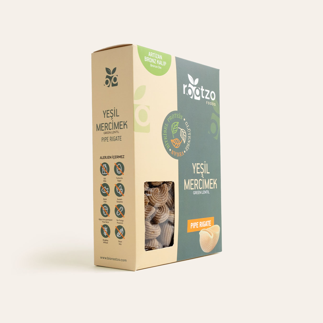 Biorootzo Organik Glütensiz ve Vegan Yeşil Mercimek Makarnası