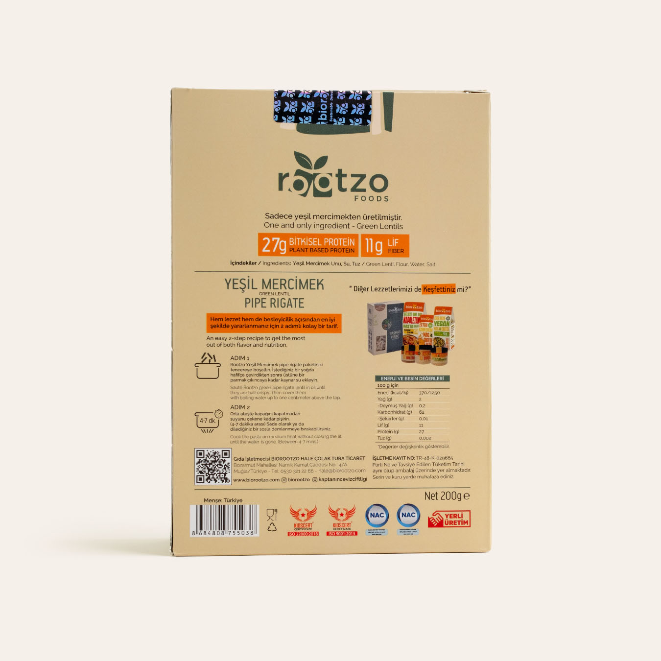 Biorootzo Organik Glütensiz ve Vegan Yeşil Mercimek Makarnası