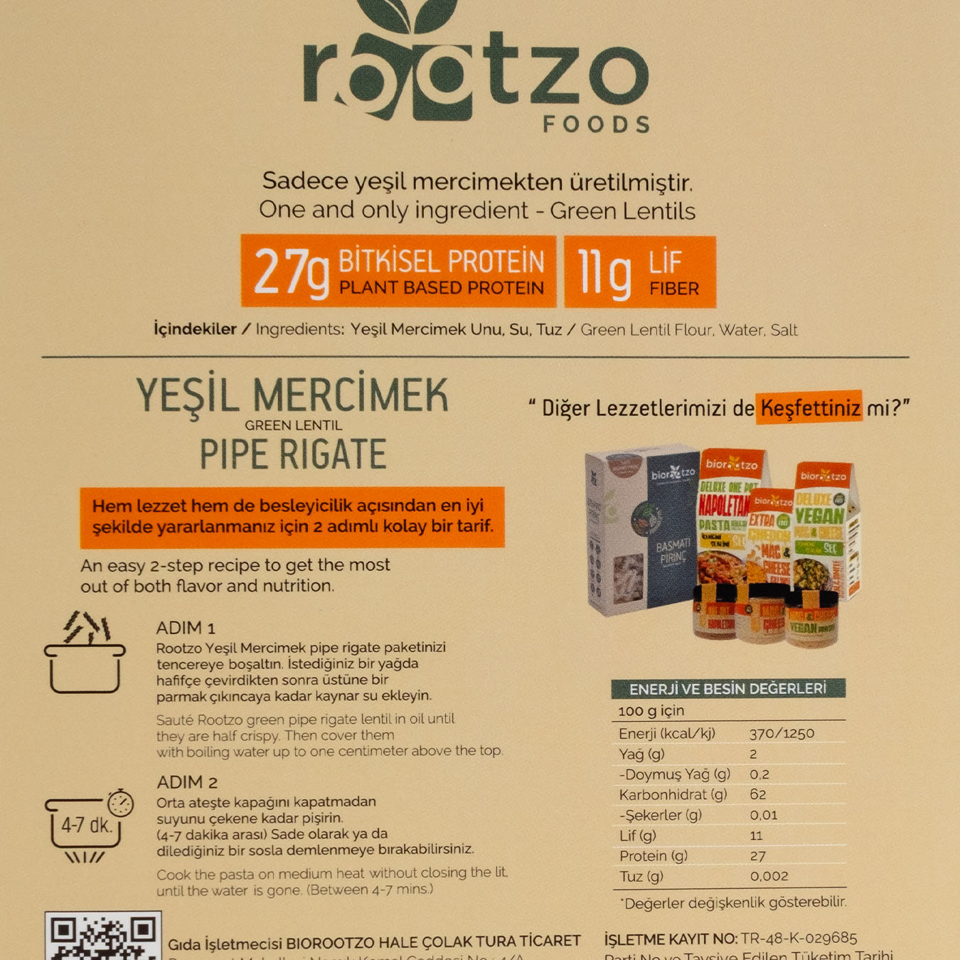 Biorootzo Organik Glütensiz ve Vegan Yeşil Mercimek Makarnası